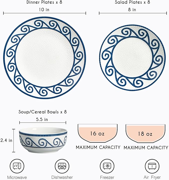24 Piece Dinnerware Set – Coastal Dishes Dinnerware Sets for 8, Vintage Plates and Bowls Sets, Ceramic Dinnerware Sets for 8, Stoneware Kitchen Plates and Bowls Set