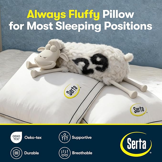 Serta Hotel Collection Bed Pillows King Size Set of 2, 400 Thread Count 100% Cotton Cover, Medium Support Gusseted Down Alternative Pillow for Back, Stomach or Side Sleepers, 18" x 34", White