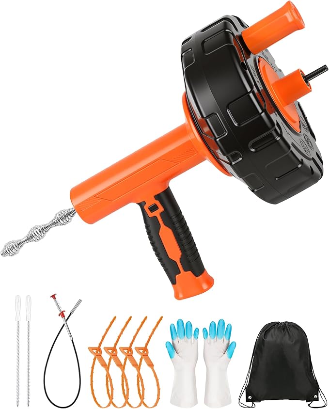 Drain Auger 25 ft, Auto Feed Plumbing Snake Hair Clog Remover with Drill Adapter, Heavy Duty Drain Cleaner Tool Kit with Gloves & Brush for Kitchen Sink Shower Bathtub Bathroom Toilet Clog Removal