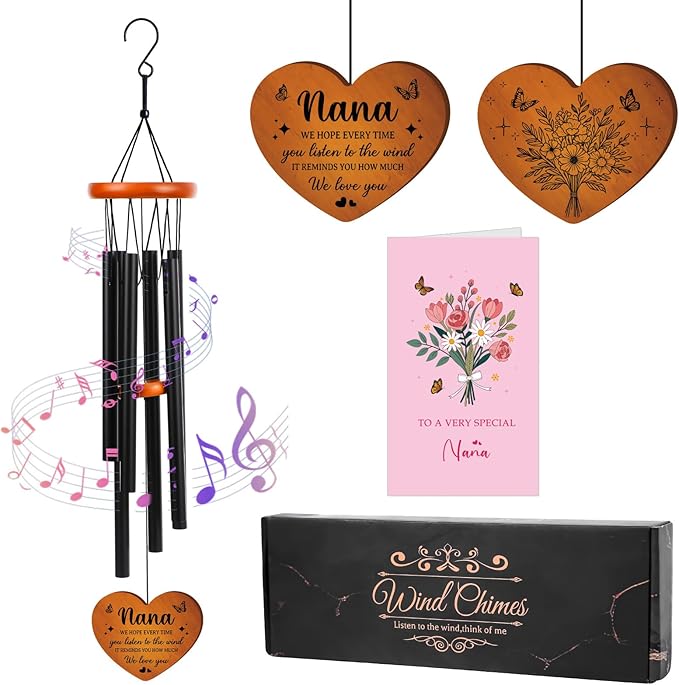 Grandma Gifts Wind Chimes for Outside - Metal Windchime with Wooden Pendant, Greeting Card & Black Box - Unique Birthday for Grandmother from Grandkids, Garden Hanging Decor