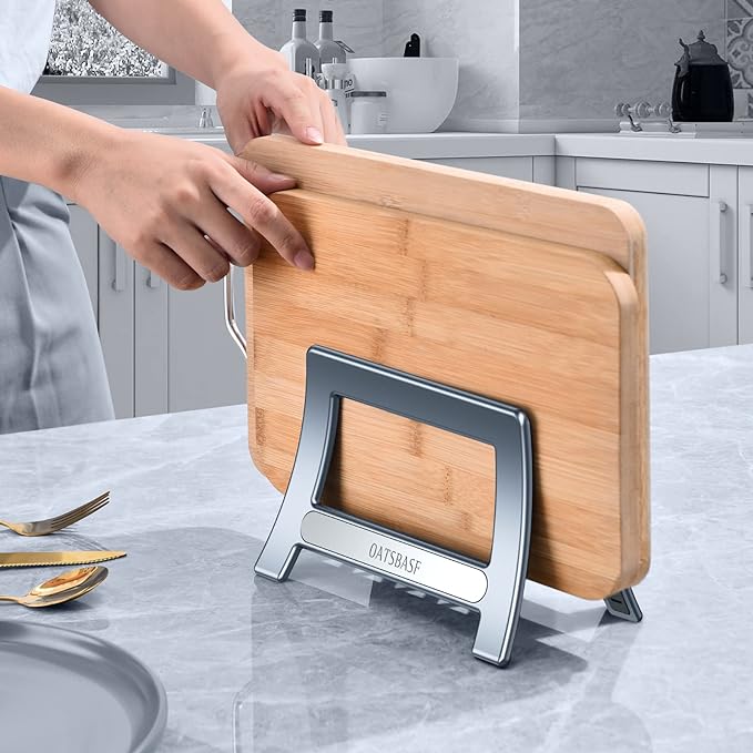 Cutting Board Rack, Auto Width Adjustable Holder Stand for Countertop & Cabinet (Gray)