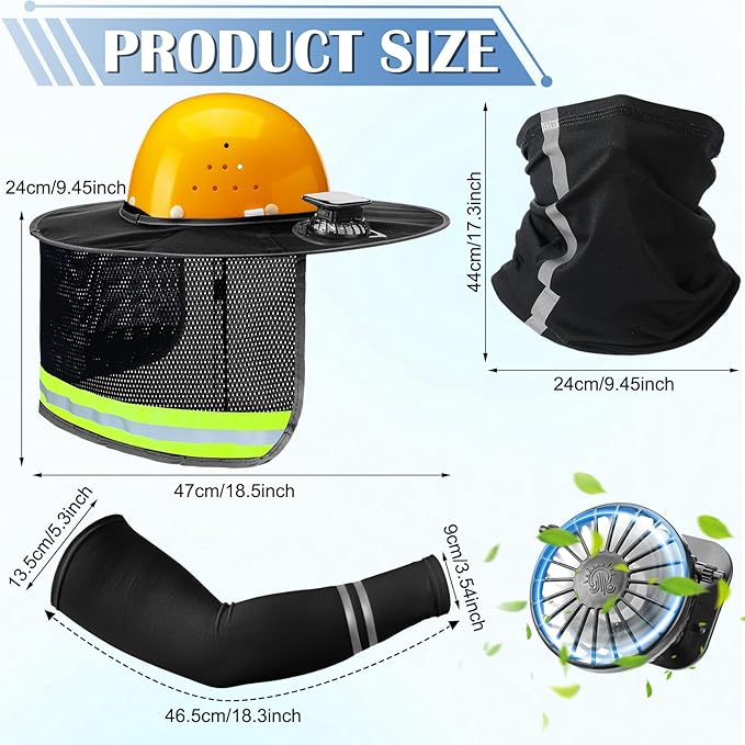 1 Set Sun Hard Hat Shade Full Brim Hard Hat Sun Visor with 2 Solar Fans and Neck Sunshade Cover UV Reflective Strap Arm Sleeves for Construction Workers Outdoor Protection(Black)