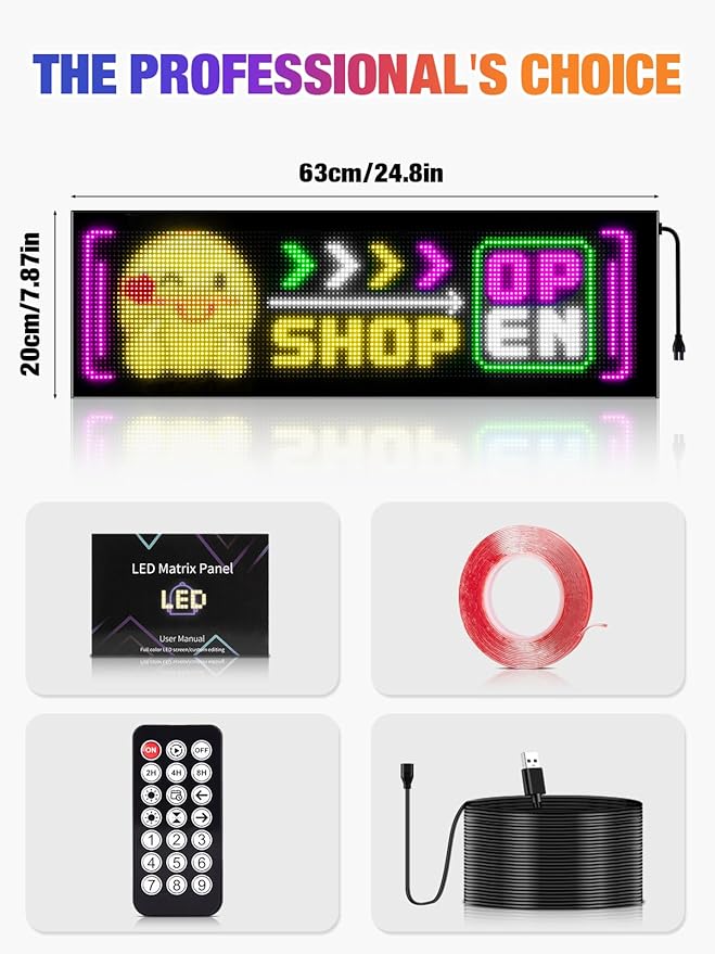Flexible LED Display Screen, IP65 Waterproof PU+FPCB Material, Remote & App Control, for Indoor Advertising, Shop Window, Car Dealership Decoration (24.8 x 7.9in)