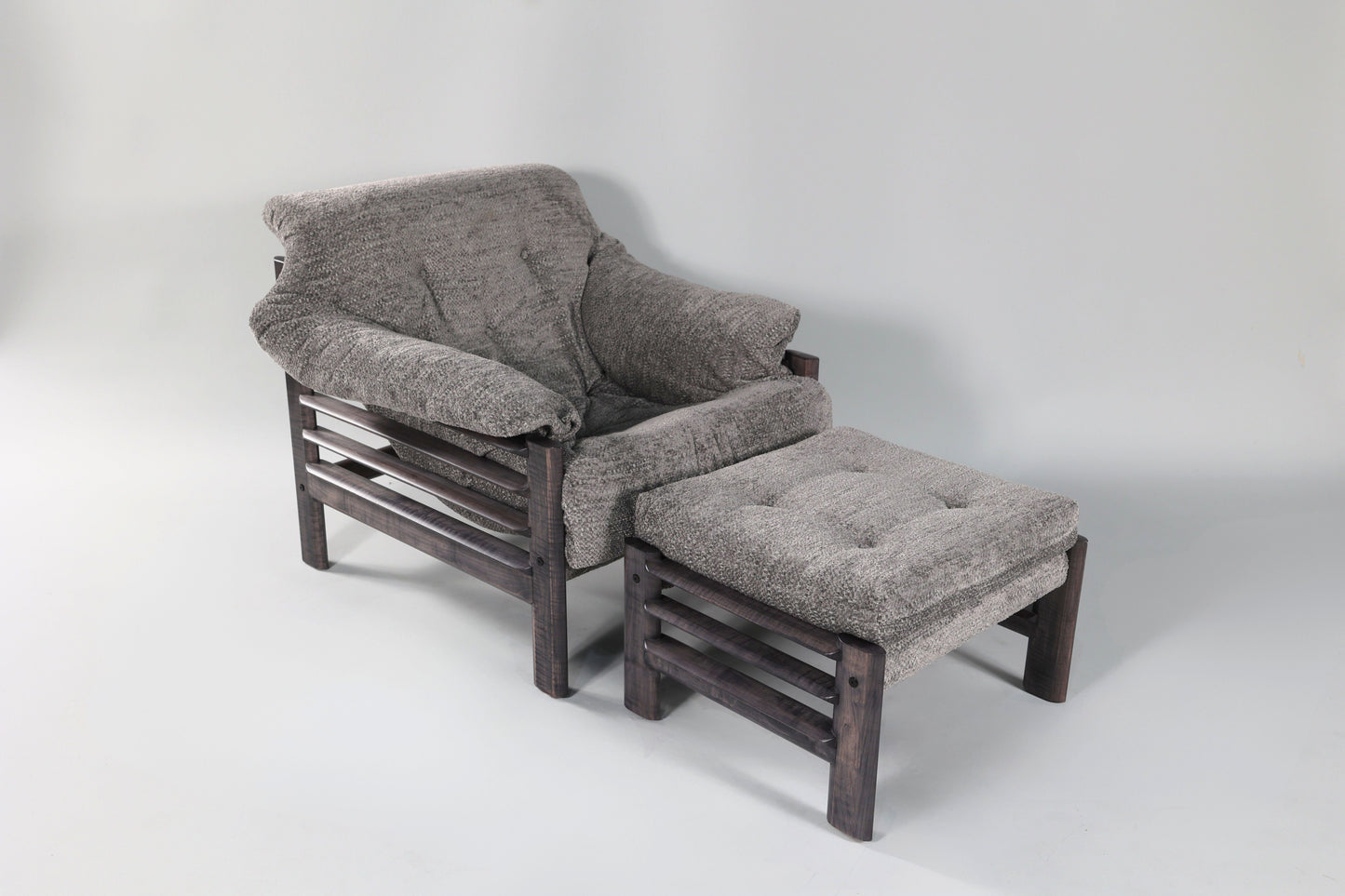 Chair & Ottoman – Oswalt Sterling with Tiger Maple Arms (Black)