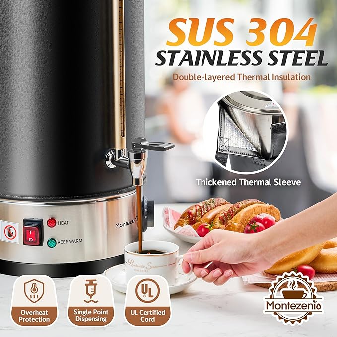 100 Cup Coffee Maker Machine Urn - Large Percolator Pot Dispenser With Double-Wall Stainless Steel, Quick Brew, Stays Hot - Also for Water, Tea, Bever