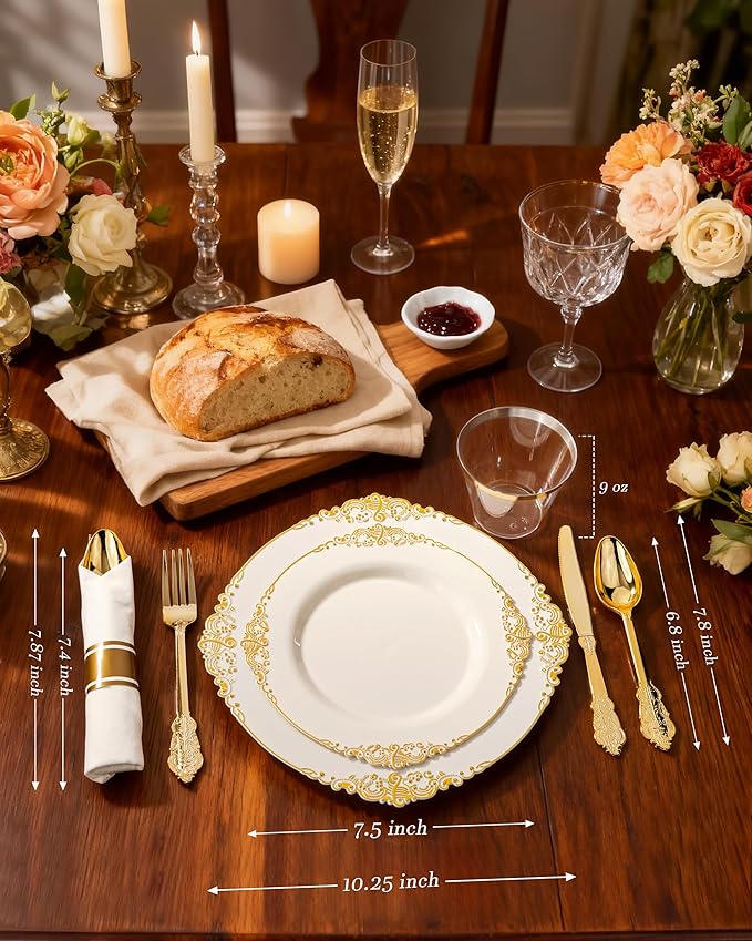 Nervure 350PCS Ivory Plastic Plates - Ivory Gold Plastic Dinnerware Sets for 50 Guests - 100 Gold Disposable Plates, 50 Pre Rolled Silverware Sets, 50 Cups Perfect for Wedding & Party & Mothers Day