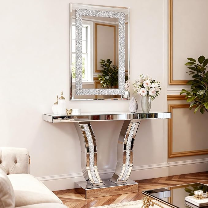 SSLine Modern Mirrored Entryway Table with Rectangle Wall Mirror Set of 2 Luxury Silver Mirror Console Table with 36x24inch Decor Mirror,Crush Diamond U-Shape Hallway Table for Living Room Entrance