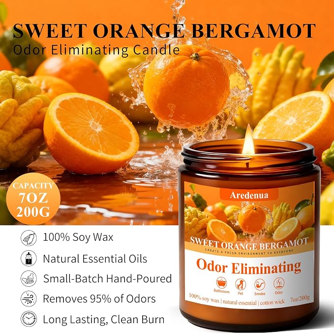 Sweet Orange Bergamot Odor Eliminating Candles | Eliminates 95% of Pet, Smoke, Food, and Other Smells Quickly | 7oz Soy Candle for Home Scented | Air Freshening Scented Candle for Positive & Relax