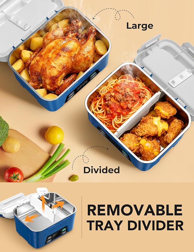 EAST OAK XL 6.3 Cups Cordless Electric Lunch Box for Adults, Heated Lunch Box Battery Powered with Automatic Heating, Portable Food Warmer with Removable Tray Divider