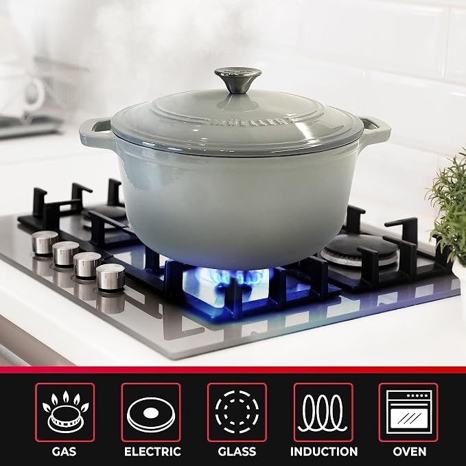 Mueller 6 Quart Enameled Cast Iron Pot Dutch Oven, Heavy-Duty | Oven-Safe up to 500°F & Across All Cooktops, Casserole Dishes for Ovens, Bread Pan with Lid & Knob, Cast Iron Cookware, Grey