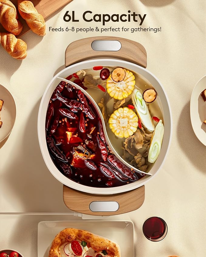 Hot Pot Electric Hot Pot with Divider, Large 6.3QT Nonstick Dual-Sided Shabu Shabu Pot Dual-Flavor hotpot electric 1500W with Adjustable 5-Temperature Control ，Perfect for Family Dinners & Parties