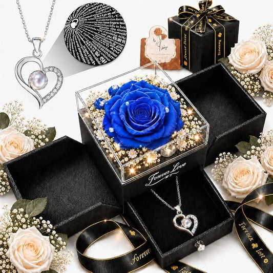 Forever Love Preserved Real Rose with Heart Necklace, Mothers Day Gifts for Mom, Wife, Anniversary Birthday Gifts for Women – Projects “I Love You” in 100 Languages