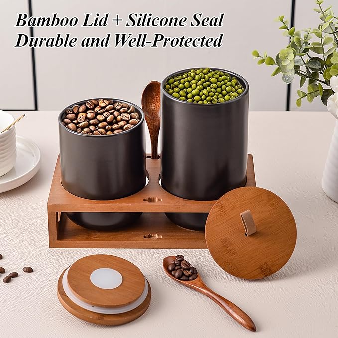 Black Ceramic Canister Set of 2 with Bamboo Lids, Wooden Stand & Spoons – 35oz & 28oz Airtight Food Storage Jars for Coffee, Sugar, Tea, Kitchen Counter Organizer