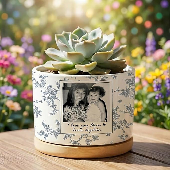 Personalized Mom Portrait Toile De Jouy Plant Pot, Custom Mom Photo Planter, Gift from Daughter, Grandma Gifts, Mama Gift