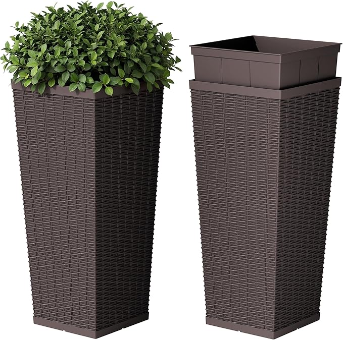 Devoko Resin Tall Planters for Outdoor Plants Set of 2, Large Taper Outdoor Planter Pots with 4 Drainage Holes, Flower Pots Modern Decor for Porch, Patio, Backyard, Home Garden (Brown, 24'')