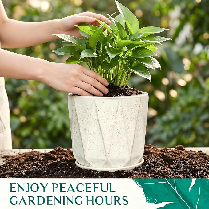 10 Inch Ceramic Plant Pot with Drainage Hole Mesh Net, Large Flower Pots for Indoor Plants with Saucer, Gardening Pots Outdoor (Silk White)