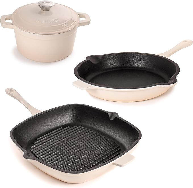 BergHOFF Neo 4Pc Enameled Cast Iron Cookware Set, Grill Pan 11 inches, Fry Pan 10 inches, 3qt. Dutch Oven, Matching Lid, Fast, Evenly Heat, Oven Safe (Meringue)