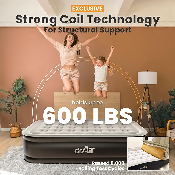 Dr. air Full Air Mattress with Built-in Pump, 18" Raised Blow Up Mattress, 600 lbs Max Honeycomb Air Bed, 48Hr Leak-Proof Test, 3min Inflatable Mattress for Home, Guests, Camping, Colchones inflables