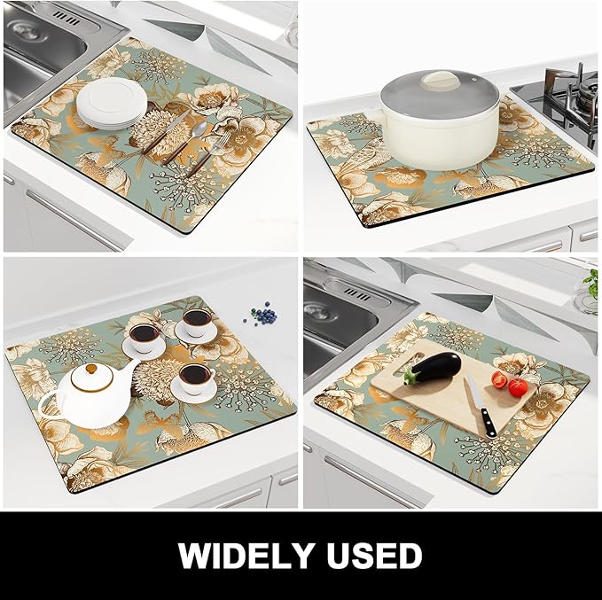 Rnivvi Dish Drying Mat for Kitchen Counter, 16 x 18" Cute Flower Theme Absorbent Heat Resistant Drying Pad with Non-slip Rubber, Coffee Bar Mats for Dish Rack Kitchen Decor Accessories, Green