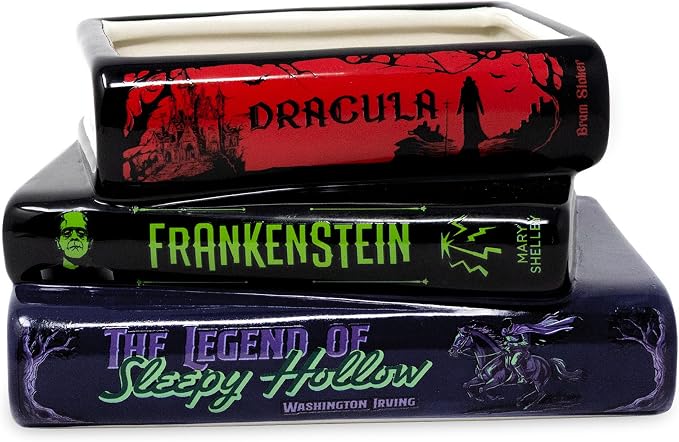 Steel Mill & Co. Ceramic Stacked Books Planter, Gothic Stories | Ceramic Plant Pot with Drainage Hole & Removable Stopper, Literary Decor, Frankenstein, Dracula, & Sleepy Hollow