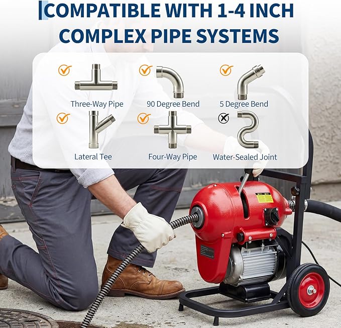Garvee Electric Drain Cleaner Machine, 1100W Manual Feed Sewer Snake Auger, 120 ft x 6/5 in Cable, CW/CCW Control, 6 Cutter Set, for 4–8 in Pipes
