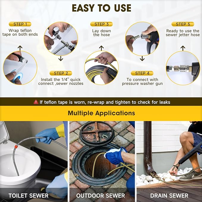 Sewer Jetter Kit for Pressure Washer, 5800PSI Drain Cleaner Hose 1/4 Inch NPT Corner,Showerhead,Rotating rotates,Mushroom Nose,Corner Sewer Nozzle(200FT)