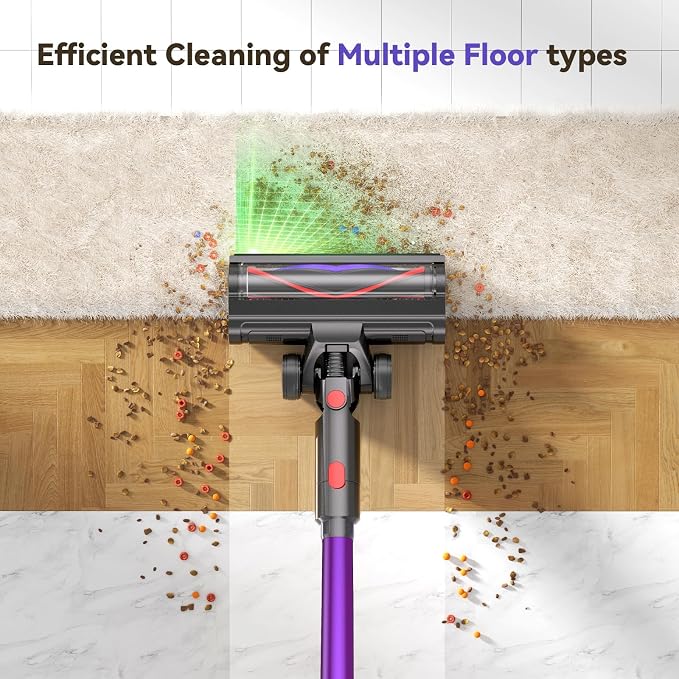 TechRise Cordless Vacuum Cleaner for Home, 550W 45KPa for Pet Hair & Floor | Up to 60 Min Runtime, HEPA Filter, Self-Standing Design, Anti-Tangle Brush & LED Light for Carpets and Hard Floor Cleaning