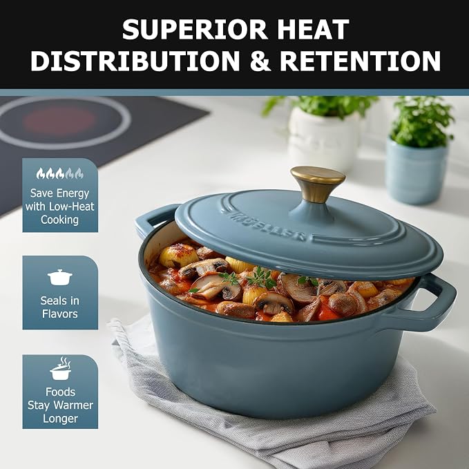 MUELLER HOME 6 Quart Enameled Cast Iron Pot Dutch Oven, Heavy-Duty | Oven-Safe to 500°F, For All Cooktops, Bread Pan with Lid & Knob, Cast Iron Cookware, Blue Kitchen Accessories, Mineral Blue