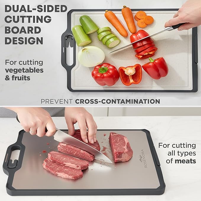 Non-toxicTitanium Cutting Board with Stand, Knife Sharpener, Grater & Storage Bag | Titanium + Wheatstraw PP Chopping Board | Healthy Kitchen Accessory for Meat, Vegetables & Fruit