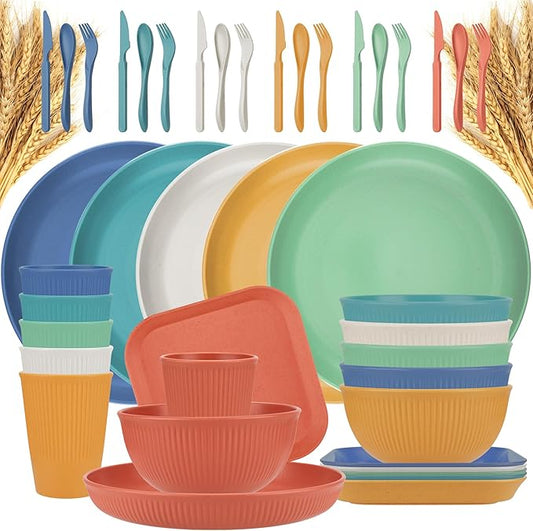 42-Piece Plates and Bowls Sets Wheat Straw Dinnerware Sets Service for 6, Unbreakable Dishwasher Microwave Safe Dishes Set Cups Sets Dinner Plates and Bowls Set for Kitchen