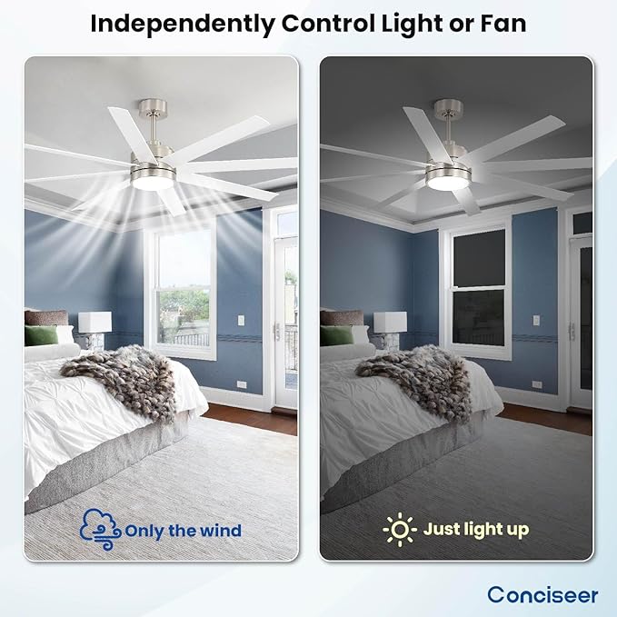 Conciseer 72 Inch Ceiling Fans with Lights and Remote for Bedroom Living Room Kitchen Library Cafe Outdoor/Industrial Use, 3CCT Dimmable, 8 Blades 6 Speed Reversible Quiet DC Motor, Sand-nickel/White