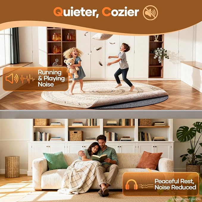 Veken 6 Ft Round Non Slip Cushioned Rug Pad Gripper, Felt and Silicone Backing, 1/4 inch Thick, Carpet Liner Protector Mat for Area Rugs and Hardwood Floors, with Over 99 Pcs Anti-Slip Strips Pattern