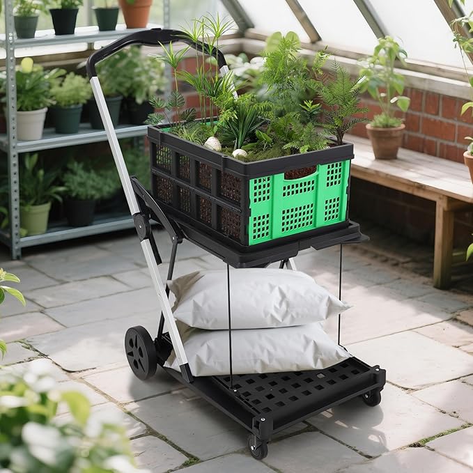 2 Tier Folding Shopping Carts for Groceries, 198 LB Capacity, Collapsible Portable Grocery Cart with Wheels & Removable Crate, Lightweight Foldable Shopping Trolley for Mall Market, Green