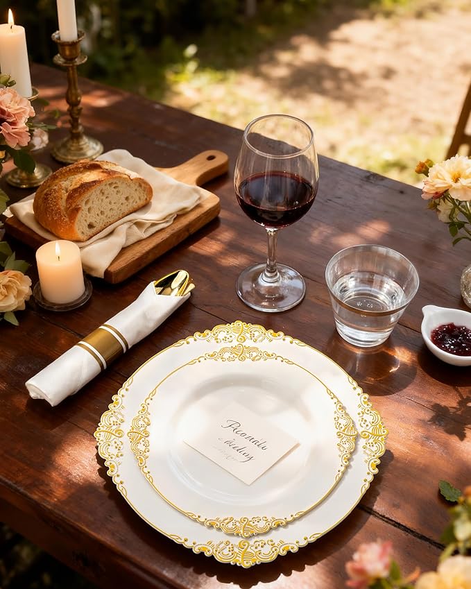 Nervure 350PCS Ivory Plastic Plates - Ivory Gold Plastic Dinnerware Sets for 50 Guests - 100 Gold Disposable Plates, 50 Pre Rolled Silverware Sets, 50 Cups Perfect for Wedding & Party & Mothers Day