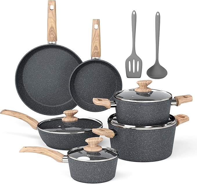 DishDelight Induction Pots and Pans Set, 12 Piece Nonstick Cookware, Granite Cooking Set with Frying Pans, Gray