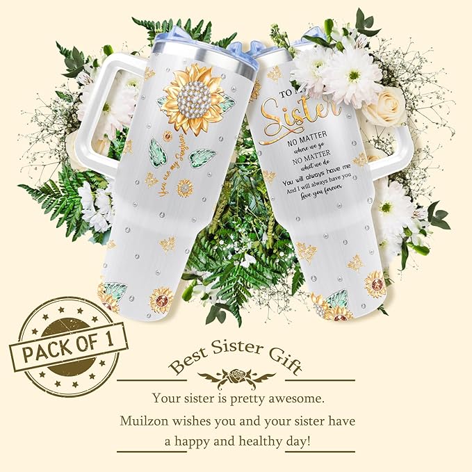Muilzon Sister Gifts from Sisters Tumbler 40oz - Cool Funny Gifts for Big/Little Sister from Brother Coffee Mug - Christmas Mothers Day Birthday Gift Ideas for Soul Sisters Cup with Handle and Straw