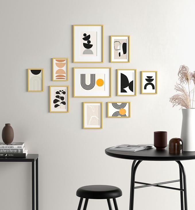 eletecpro Aluminum Gallery Wall Frame Set of 10 with Glass Cover, Gold | Including 2Pcs 8x10, 4Pcs 5x7, 4Pcs 4x6 Photo Frames, Multiple Sizes Picture Frames Collage Wall Decor or Tabletop Display