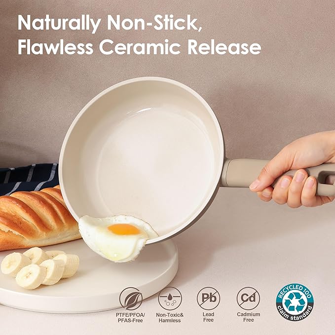 SENSARTE Ceramic Nonstick Pots and Pans Set 17pcs, Healthy Induction Cookware Set, Nontoxic Kitchen Cooking Set with Skillets & Saucepans, Stay-cool Handles, PFAS PTFE PFOA PFOS Free,Taupe