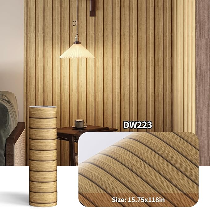 Haimin Wood Grain Slat Wall Panels Peel and Stick Faux Wood Thick Wallpaper 118"x15.75" Waterproof PET & IXPE Foam Paneling (Yellow Oak)