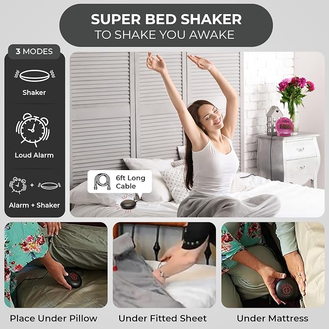 Sonic Alert Sonic Bomb Dual Alarm Clock with Bed Shaker, Pink Vibrating Alarm Clock for Heavy Sleepers, Battery Backup | Wake with a Shake