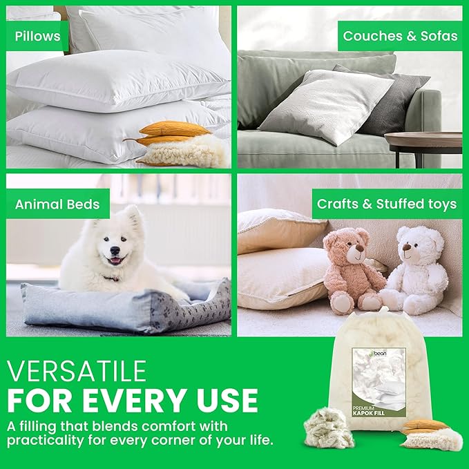 Bean Products Premium Kapok Fill | 20 lbs | 100% Organic Kapok Fiber | Chemical Free and Hypoallergenic | Perfect for Pillows, Pet Beds, Couches & More | Made in USA