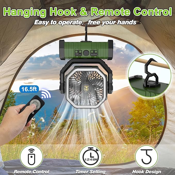 20000mAh Rechargeable Camping Fan, Auto-Oscillating Portable Fan for Camping with Remote & LED Lantern, 4 Speeds Battery Powered Fan with Hanging Hook & Timer for Tent, Travel, Outdoor, Home, RV