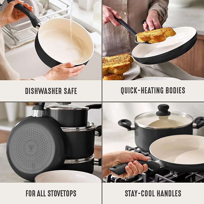 GreenLife 16-Piece Nonstick Cookware Set, Non-Toxic Ceramic Pots and Pans Set, Durable Healthy Kitchen Essentials, Fast Heating, Induction Ready, Easy Clean Dishwasher Safe, PFAS-Free, Graphite Black