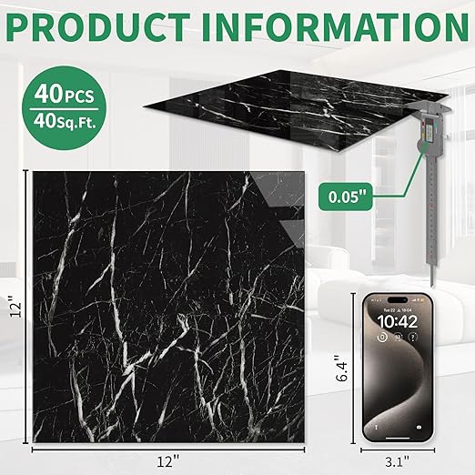 40-Pack Peel and Stick Floor Tiles Vinyl Floor 12 x 12 inch Self Adhesive Waterproof Flooring Planks DIY for Bathroom, Kitchen, Living Room, RV, Cover 40 Sq. Ft, Polish Black Marble