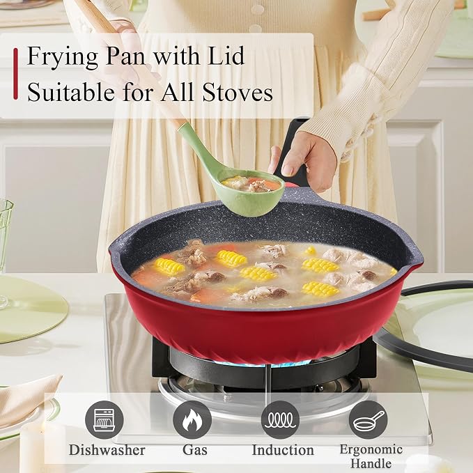 Vinchef 11Inch/5QT Nonstick Skillet, Red | deep nonstick skillet with lid & heat indicator. Anti-scratch, anti-stain, induction-compatible ideal for sautéing frying