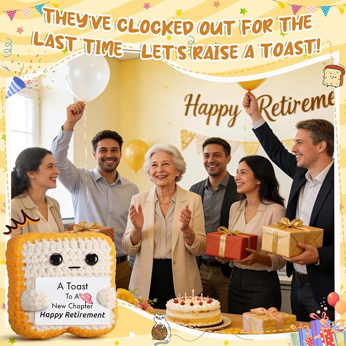 Crochet Toast Retirement Plush – Handmade “A Toast to a New Chapter” Card – Unique Retirement Gift for Coworker, Boss, Teacher, Mom, Dad – Funny Retired Present Desk Decor Keepsake