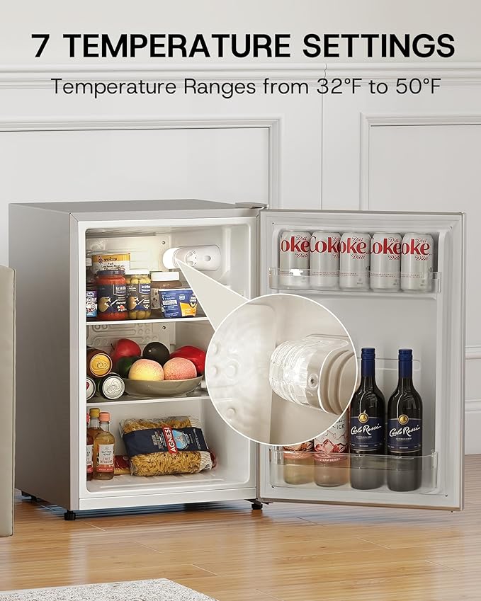 Upstreman 2.5 Cu.Ft All-Refrigerator Mini Fridge, Single Door Small Refrigerator, Dorm Fridge with 7 Adjustable Thermostat, Compact Refrigerator for Office, Bedroom or Dorm, Silver-CR26