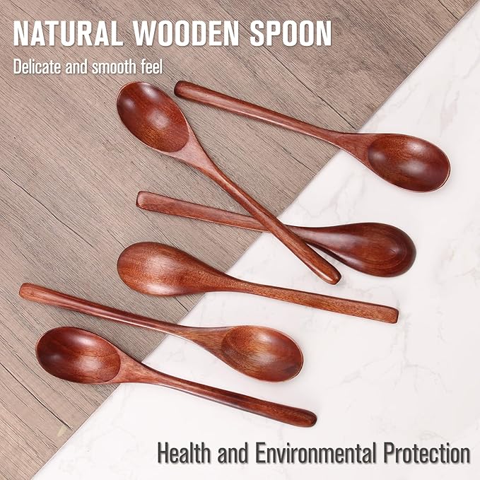 Wooden Spoons, 6 Pieces 9 Inch Wood Soup Spoons for Eating Mixing Stirring, Long Handle Spoon with Japanese Style Kitchen Utensil, ADLORYEA Eco Friendly Table Spoon (Nanmu, 9 Inch)