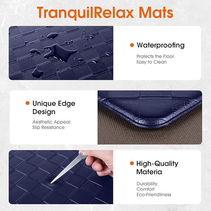 TranquilRelax Kitchen Mats, 2PCS Kitchen Rugs, Cushioned Anti Fatigue Kitchen Mats for Floor, Non-Slip Standing Desk Mat, Waterproof Kitchen Rug Set for Kitchen, Floor, Office,17.3"×30"+17.3"×47",Blue