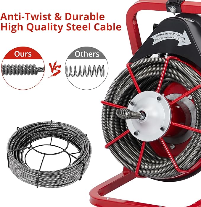 Patikuin 75FT x 3/8 Inch Electric Drain Cleaner Machine, Auto Feed Sewer Snake Auger with Motor, 4 Cutters & Air Foot Switch, for 1-4 Inch Pipes, Toilets, Sinks, and Floor Drains